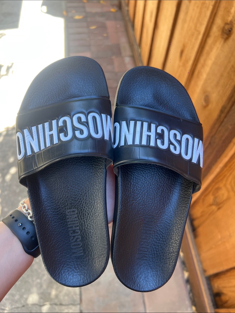 Moschino Black Slides with White Logo Strap
